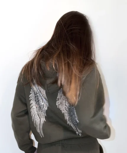 Sweat à Capuche Vert Olive Avec Ange en Strass (3)