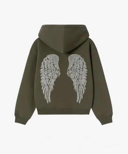 Sweat à Capuche Vert Olive Avec Ange en Strass (4)